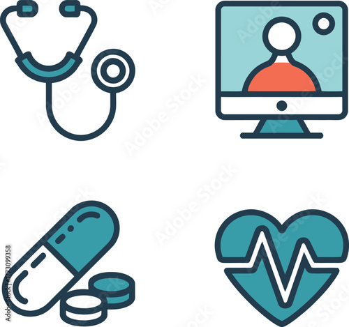 Set of four flat design icons representing modern healthcare and medical services including a stethoscope telemedicine consultation a pill capsule and a heart rhythm electrocardiogram symbol