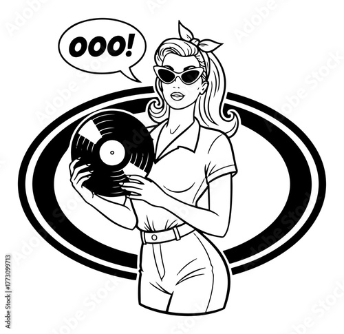 Retro Pin Up Girl Holding Vinyl Record – Black and White Vector Illustration