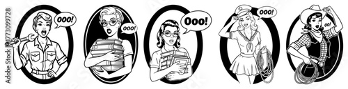 Retro women collection line art set – hand-drawn 1950s female characters oval emblem vector illustration