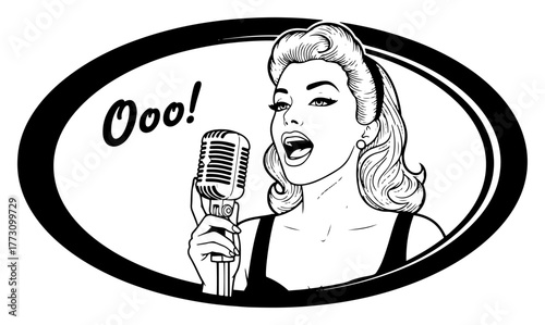 Retro female singer line art illustration – hand-drawn 1950s vocalist with vintage microphone vector graphic