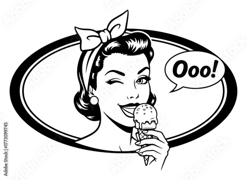 Retro pin up woman winking and eating ice cream in oval label black and white vintage cartoon vector illustration
