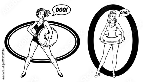 Retro pin up girl with swim ring in oval label black and white vintage woman cartoon vector illustration
