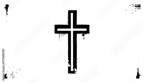 Grunge Dripping Christian Cross Symbol Black and White Vector Illustration