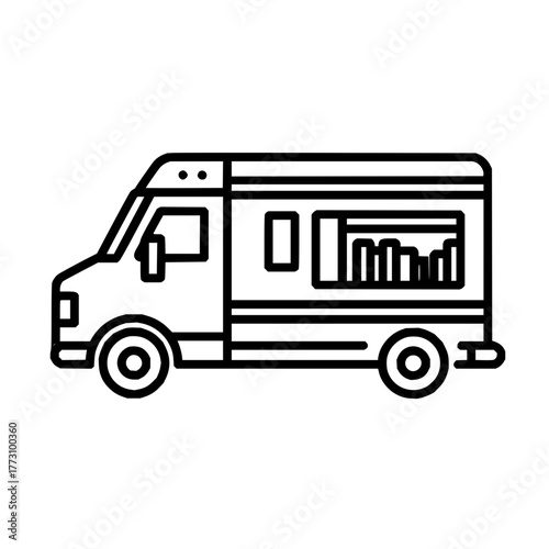 Outline illustration of a food truck with visible interior elements on a white background view from side