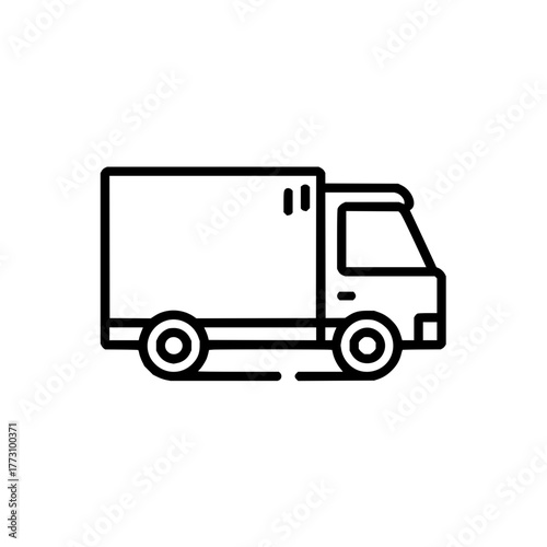 Outlined delivery truck with a rectangular cargo area and two wheels shown in a side view style icon