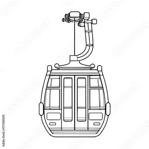 Illustration of a gondola lift cabin with suspension cables and multiple windows in black and white line art