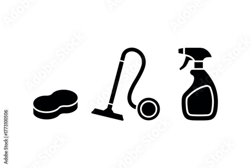 A sponge, a vacuum cleaner, and a spray bottle represent cleaning supplies.