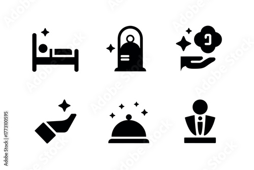 A collection of icons represents hotel services including a bed, a concierge, and amenities.