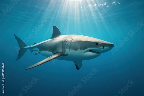 Great white shark cruising through sunlit blue water with rays and drifting plankton