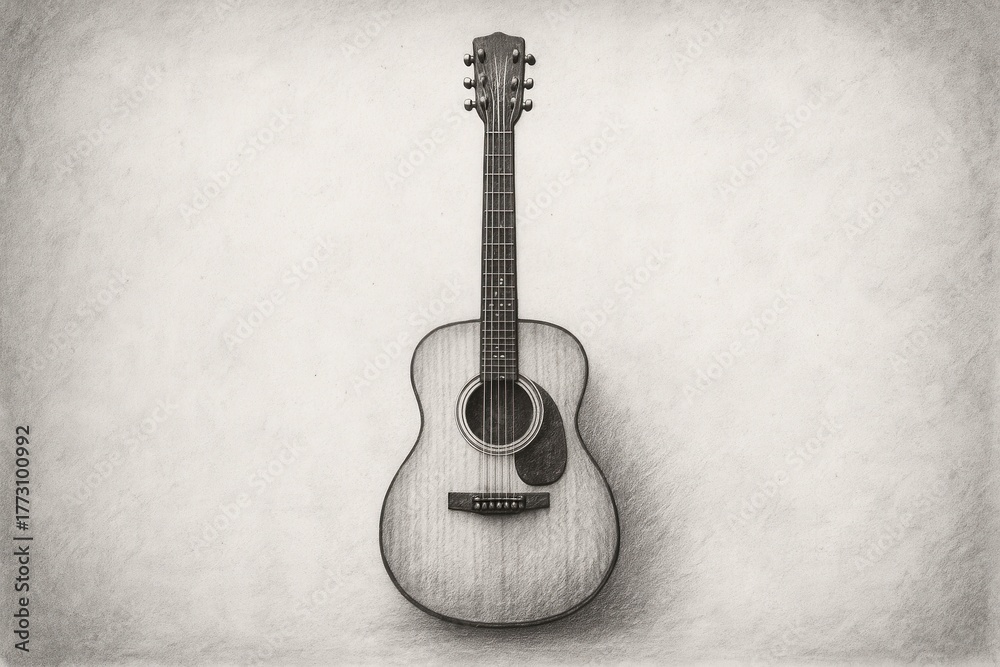 Obraz premium Monochrome graphite sketch of acoustic guitar with grunge texture poster background