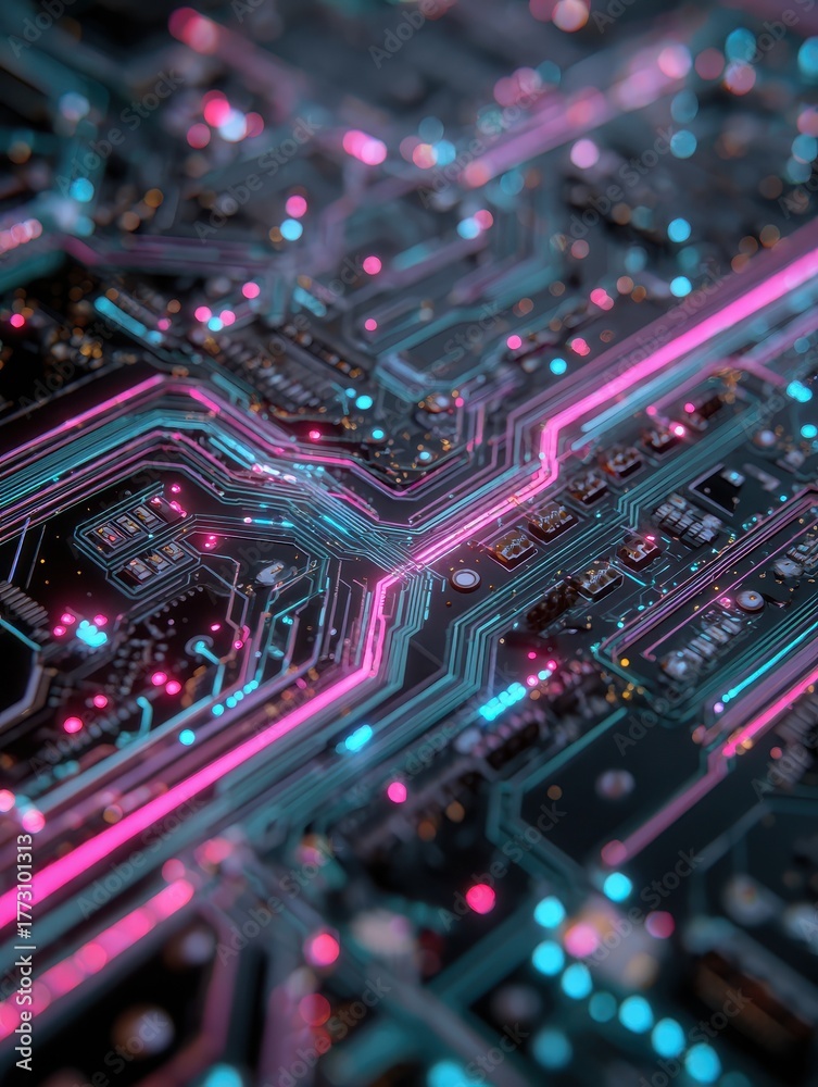 Obraz premium A close-up shot of a futuristic circuit board with bright neon pink and blue lights highlighting the intricate network of pathways