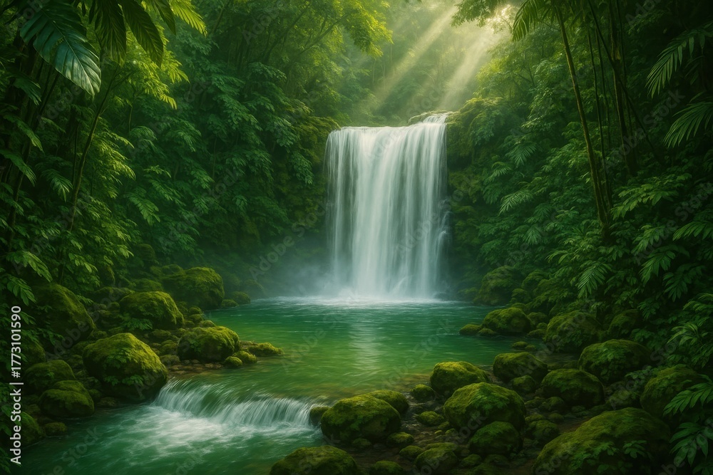 Obraz premium Emerald waterfall cascading through lush tropical jungle with misty spray and sunlit foliage