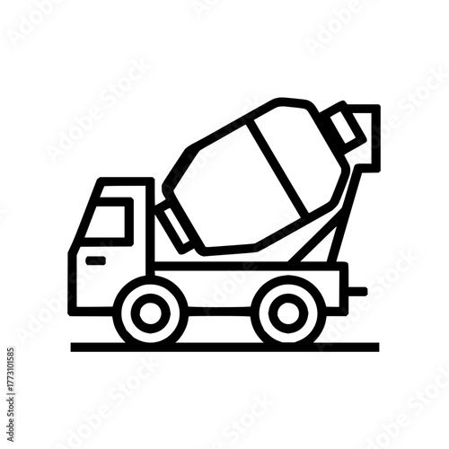 A simple line drawing of a concrete mixer truck with a rotating drum on a flat surface design is here