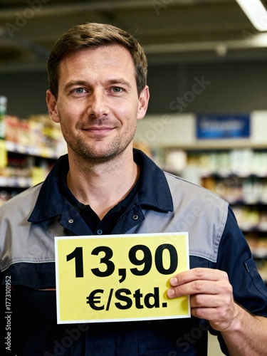 A smiling male retail worker in uniform proudly displays a yellow sign indicating 13.90 Euros per hour, symbolizing a new minimum wage in a store aisle.
