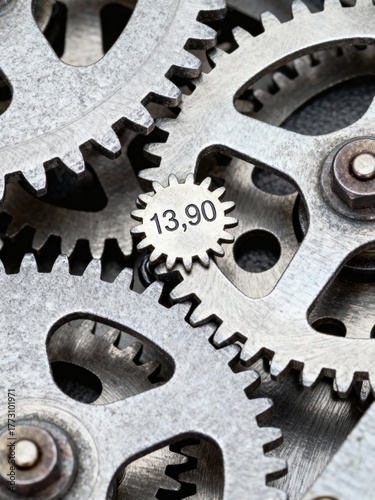 A detailed close-up of intricate metallic gears intermeshing, with one cog prominently displaying the number 