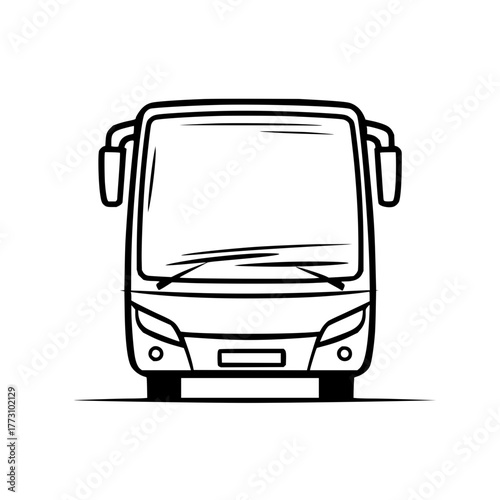 Illustration of a front view of a bus with windshield wipers and side mirrors in black and white style