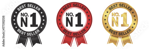 Set of three Best Seller badges in black and white, red, and gold, featuring ribbons and prominent number 1, vector illustration for awards, recognition, and promotional designs