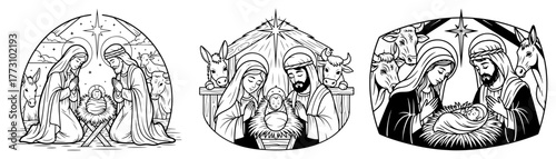 Nativity Scene Vector Set Holy Family with Manger Animals and Star of Bethlehem — Black and White Line Art
