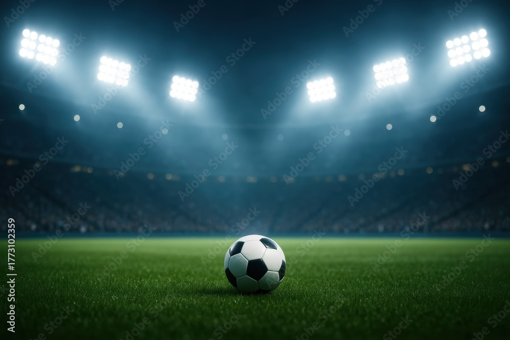 Fototapeta premium Floodlit arena with classic black and white ball on lush pitch under night sky