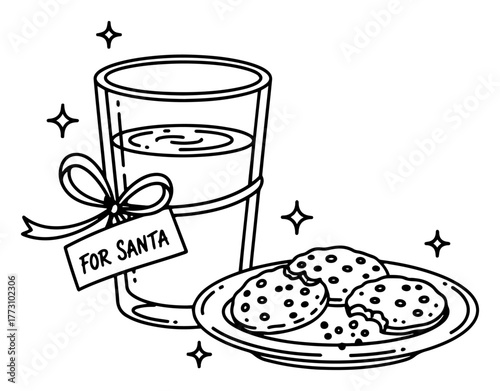 Milk and cookies for Santa Claus Christmas tradition vector line art