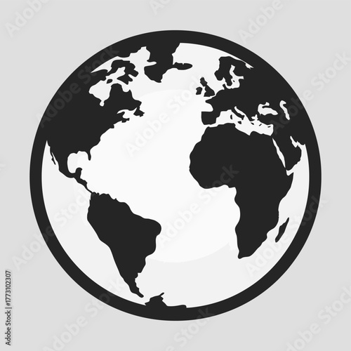 Minimalist Earth globe vector showing all continents in black, oceans in light blue, isolated on white background, suitable for global map, world geography, and educational illustration projects