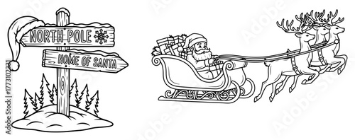 North Pole Sign and Santa Sleigh with Reindeer Christmas Line Art Vector Set