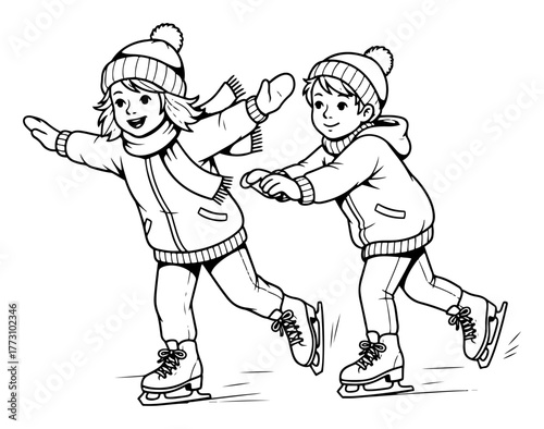 Kids Ice Skating Winter Activity Coloring Page Line Art Vector Illustration