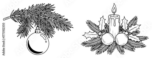 Christmas Candle Centerpiece with Holly Pine Branches and Bauble Ornament Line Art Vector