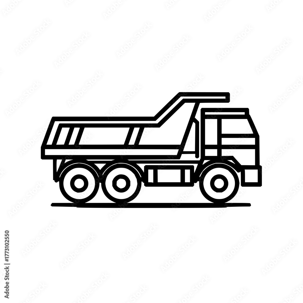 Naklejka premium Illustration of a dump truck with visible wheels and cargo bed in a simple black outline design style