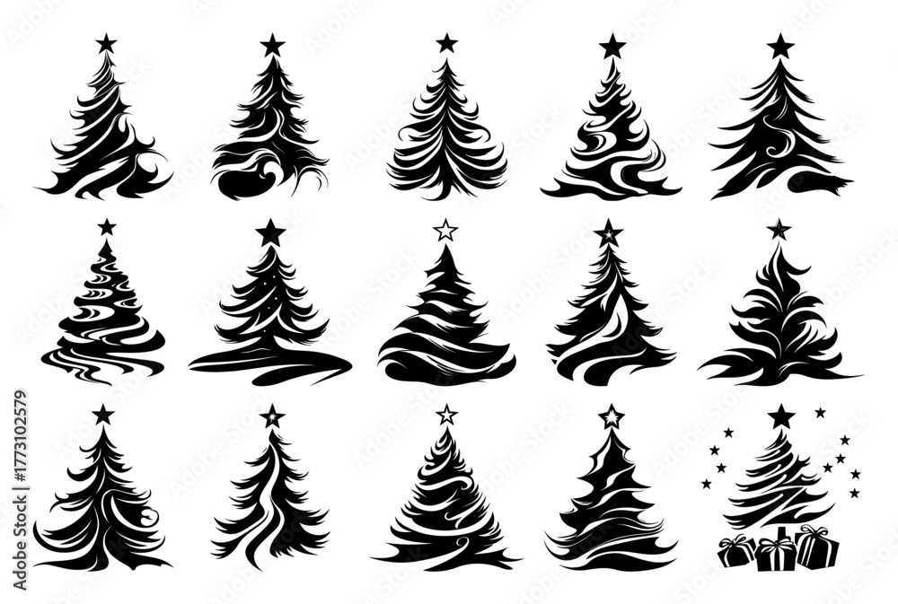 Obraz premium Stylized Christmas Tree Silhouette Set Swirl Brush Designs Black and White Vector
