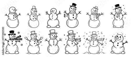 Cute Snowman Characters Set Winter Holiday Coloring Page Line Art Vector Collection
