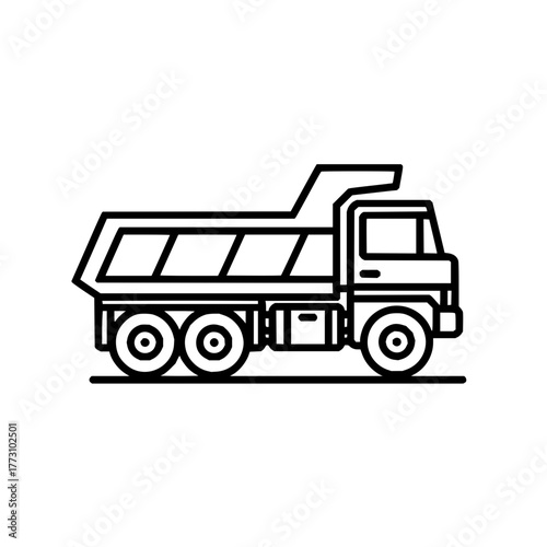 A simple line drawing of a dump truck with a raised bed and multiple wheels in black and white