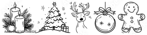 Set of Christmas doodle elements. Hand drawn vector collection with tree reindeer gingerbread man candle and ornament. Line art icons.