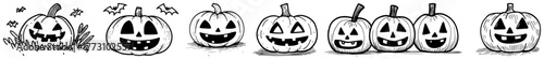 Halloween Pumpkins Jack o Lantern Seamless Border Hand Drawn Vector