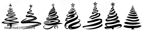Minimal Spiral Christmas Tree Icons Set Black and White Vector Line Art