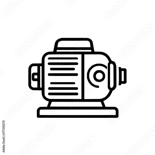 Illustration of a black and white electric motor with horizontal lines and cylindrical components shown
