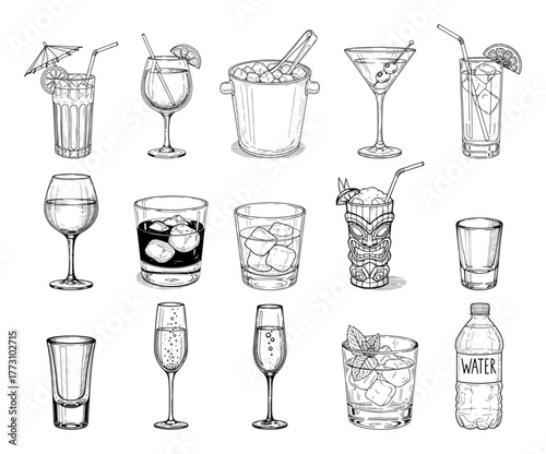 Cocktails and Bar Drinks Hand Drawn Sketch Vector Set