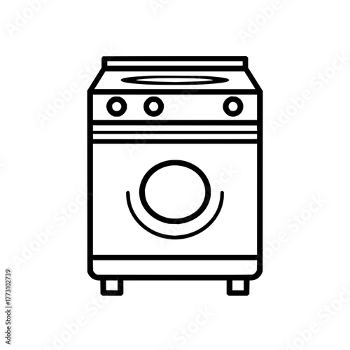 Illustration of a front loading washing machine with a circular door and three knobs on top panel