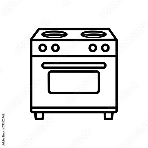 Illustration of a stove with four burners and an oven in a simple black outline style design drawing