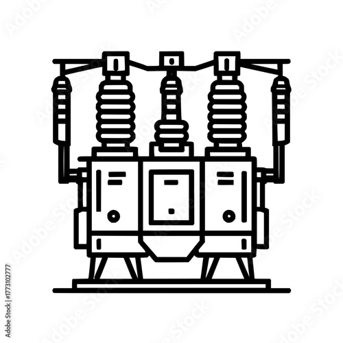 Illustration of a three phase electrical transformer with insulators and cooling fins in black outline