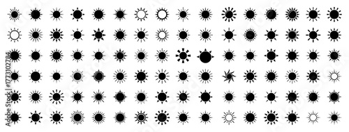 Big set of sun vector icons. Collection of various sunshine symbols. Flat graphic elements for logo design.