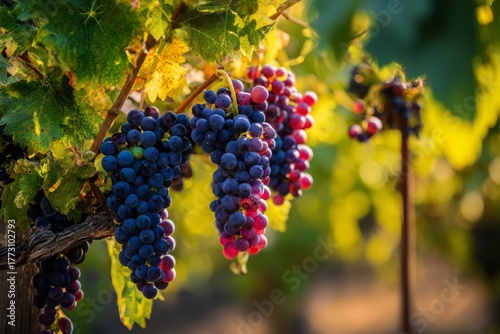 Close-up of vibrant red and purple grapes ripening on a vine in a sunny vineyard.