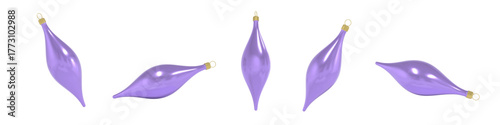 Shiny purple conical shape Christmas tree decorations. Luxurious 3d vector ornaments with golden caps. Festive metallic look, isolated, shown from different angles, with realistic reflections.