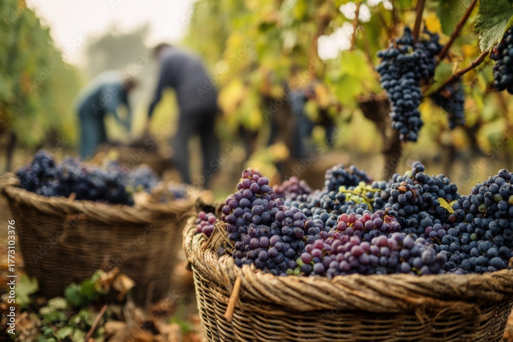 Naklejka premium Baskets overflowing with ripe red and dark grapes during a vineyard harvest season.