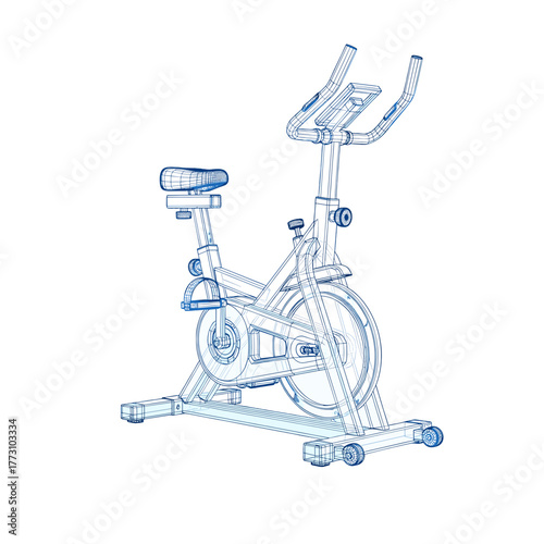 Detailed exercise bike blueprint vector illustration on transparent background