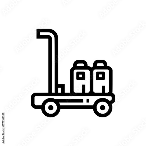 Illustration of a hand truck carrying two containers with handles in a black outline design style