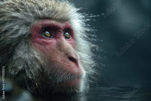 Fototapeta Close up portrait of japanese snow monkey with wet fur and thoughtful eyes