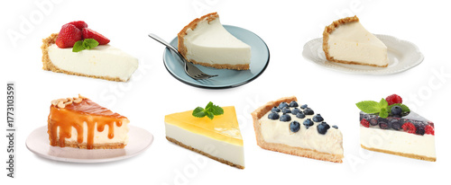 Pieces of various cheesecakes isolated on white, set