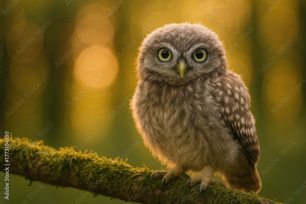 Obraz premium Curious little owl fledgling on mossy branch with golden evening bokeh