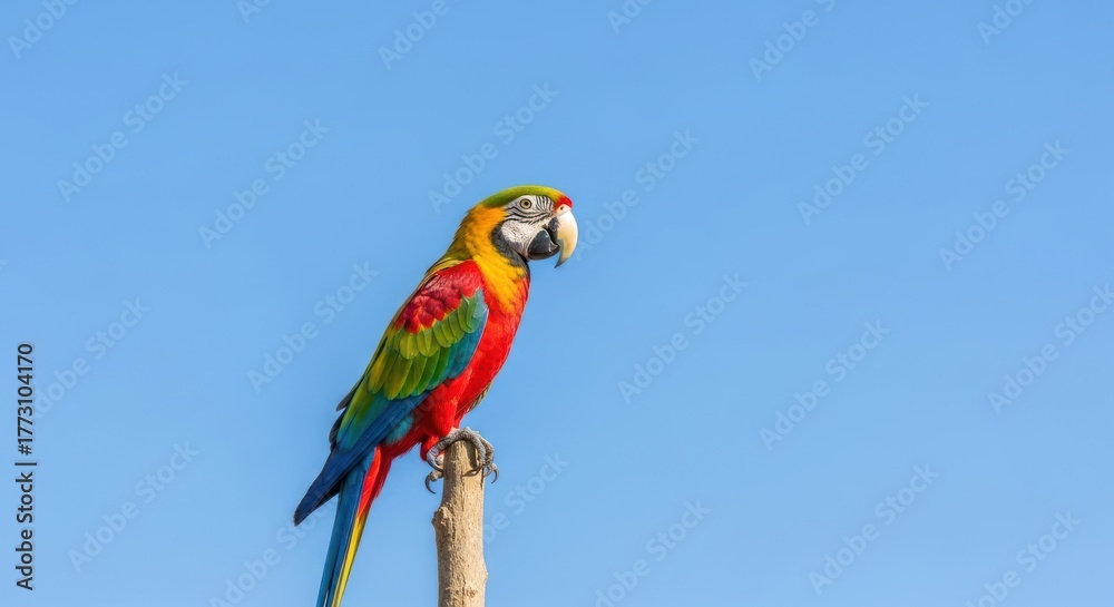 Obraz premium Vibrant Macaw Perched on Branch Against Clear Blue Sky Backdrop